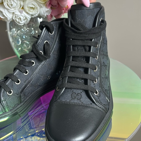 NWOT GUCCI💓 Black High-Top Sneakers 37 fits 7.5 - Picture 3 of 13